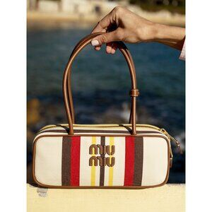 MIU MIU Ivory BEAU Red Brown Striped Canvas Leather Top Handle Tote Shoulder Bag